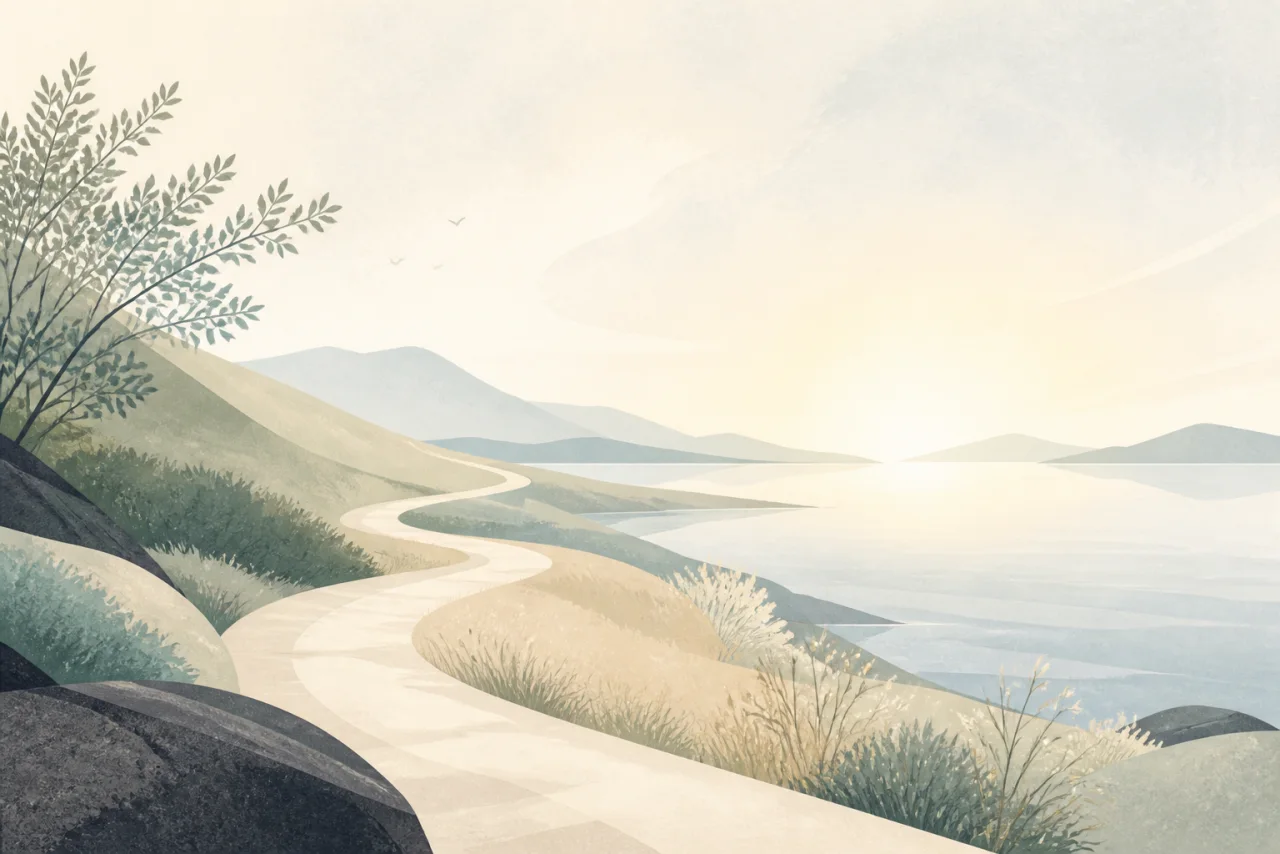 A pale winding path beside calm water beneath an open morning horizon