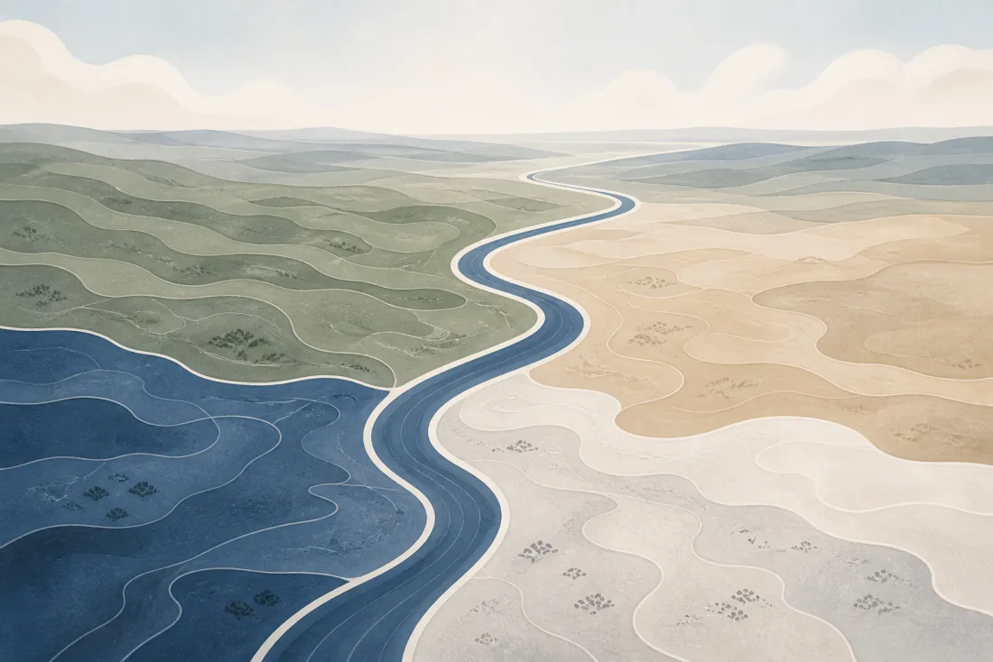 Softly divided natural regions joined by a single blue path toward the horizon